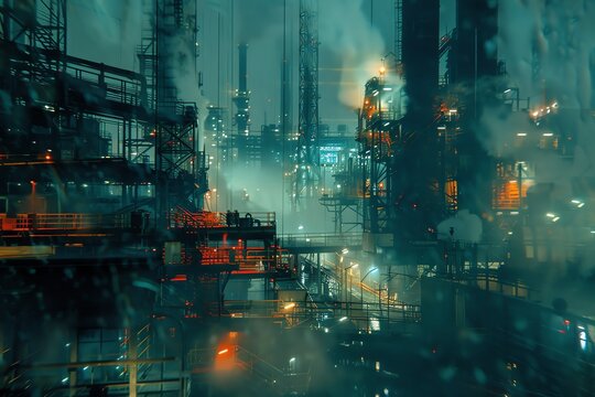 A cyberpunk cityscape with towering structures and a dense fog. The buildings are lit by neon lights, creating a vibrant and futuristic atmosphere.