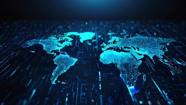 A glowing blue world map made of tiny dots and lines on a black background.