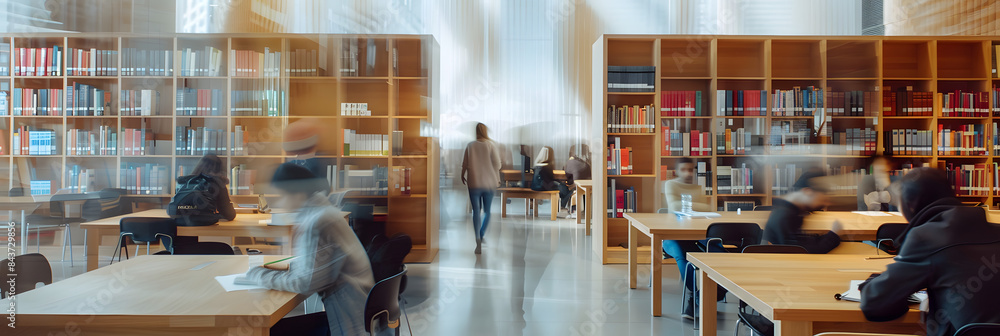 Poster a hazy snapshot captures a library with students studying at their tables in motion blur. the contem