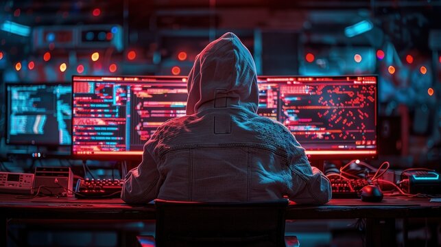 A computer hacker commits crimes in the digital world. Displaying real programming scripts codes and hacking tools. Malware concept. Hacker background.