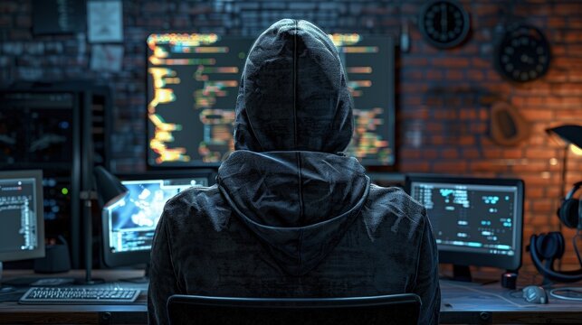 A computer hacker commits crimes in the digital world. Displaying real programming scripts codes and hacking tools. Malware concept. Hacker background.