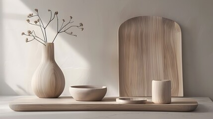 Minimalist Wooden Tabletop Display with Organic Vase and Bowls in Serene Natural Setting