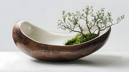 Artfully Crafted Wooden Bowl Showcasing Flourishing Botanical Arrangement