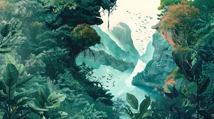 Lush Verdant Jungle Landscape with Winding River and Mountainous Cliffs