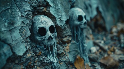 Two eerie human skulls melded with a stony surface, conveying a chilling presence