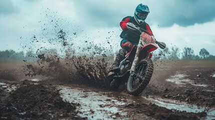 Obraz premium A motocross rider kicking up mud while riding through a wet, rugged trail, showcasing the thrill of off-road adventure.