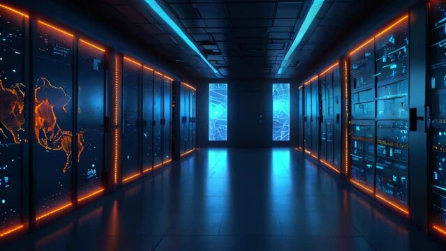 A long, dark room with rows of tall, glowing computer servers.