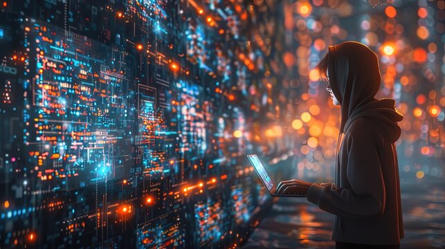 A computer hacker commits crimes in the digital world. Displaying real programming scripts codes and hacking tools. Malware concept. Hacker background.