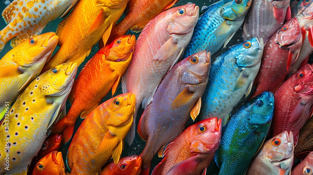 Poster a vibrant display of colorful fish, showcasing a diverse range of hues and patterns.