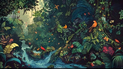 Captivating Tropical Jungle Landscape with Diverse Flora and Fauna