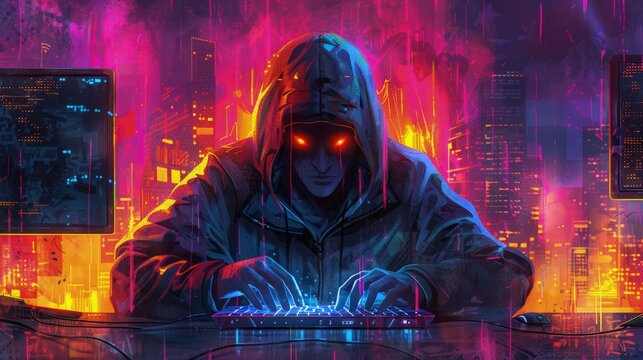 A computer hacker commits crimes in the digital world. Displaying real programming scripts codes and hacking tools. Malware concept. Hacker background.