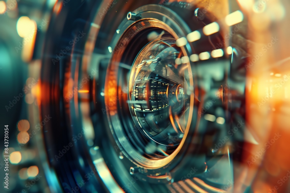 Poster abstract close-up of a metallic gear mechanism with blurred lights in the background. the image has 