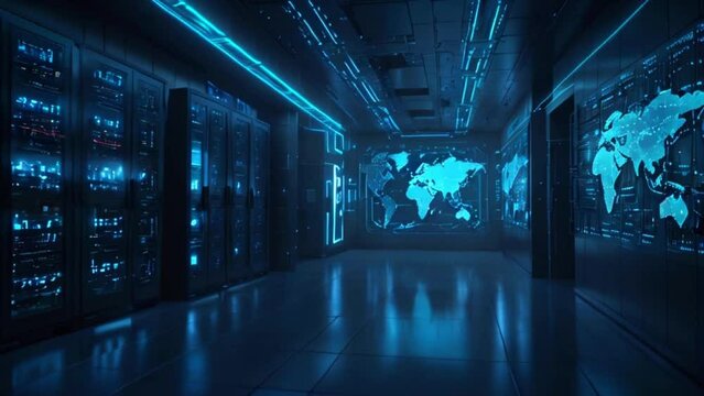 A futuristic server room with a world map made of blue lights on one wall and racks of servers on the other.
