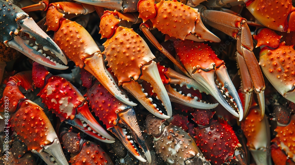 Aufkleber close-up of a pile of vibrant red crab claws. the claws are sharp and menacing, creating a visually 