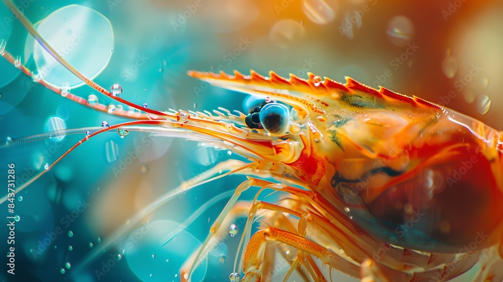 Aufkleber close-up of a shrimp with vibrant colors and bokeh effect in the background.
