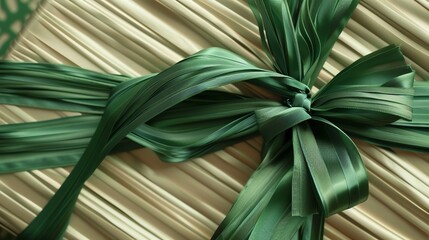 Obraz premium Closeup of a green satin ribbon tied in a bow on a brown gift box.