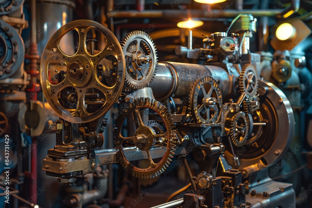 Poster close-up of intricate gears and machinery in a vintage industrial setting. the image conveys the con