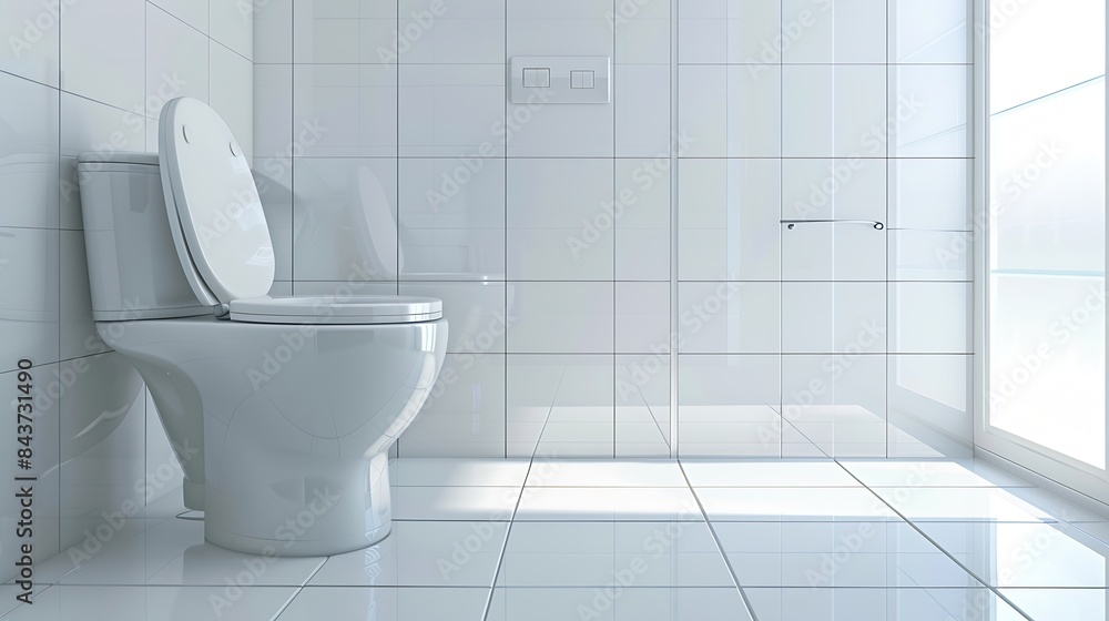 Poster modern spacious bathroom with bright tiles with toilet and sink side view : generative ai