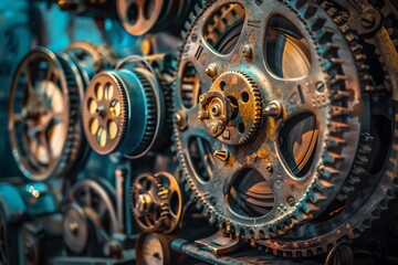 Close-up of rusty gears interlocked, showcasing intricate industrial machinery.