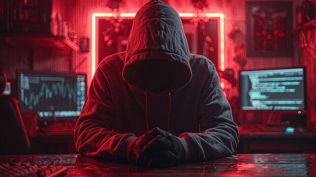 A computer hacker commits crimes in the digital world. Displaying real programming scripts codes and hacking tools. Malware concept. Hacker background.