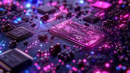 Close-up of electronic circuit board with pink processor chip and copper traces