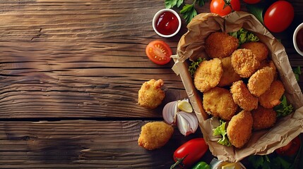 Takeaway food  fried breaded chicken nuggets and vegetables on wooden table : Generative AI