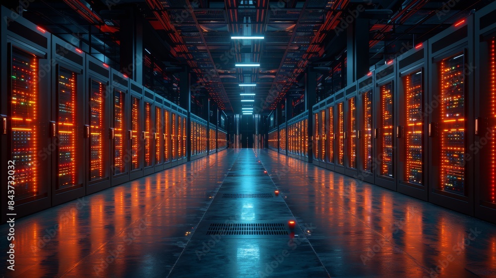 Poster a modern server room with illuminated blue racks and a high-tech ambiance, representing cloud comput
