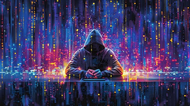 A computer hacker commits crimes in the digital world. Displaying real programming scripts codes and hacking tools. Malware concept. Hacker background.