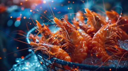 Freshly cooked prawns in a basket with water droplets and bokeh lights.  Photo with a blue and orange color scheme.