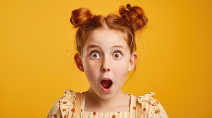 Surprised girl portrait against a yellow backdrop