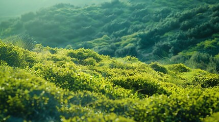 Obraz premium Lush green hillside with soft morning light filtering through the foliage.