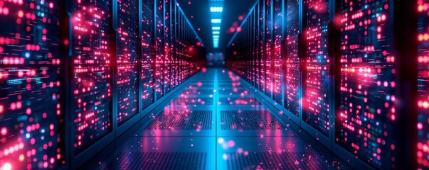 Red illuminated data center server aisle