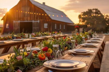 Obraz premium Rustic outdoor dining tables set with floral centerpieces at sunset. A red barn stands in the background.