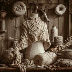 Rustic still life with knitting supplies and yarn balls displayed on a wooden table in a cozy home.