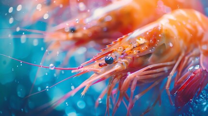 Two fresh shrimp close-up with vibrant colors and water droplets.  Perfect for seafood, restaurant, or healthy eating concepts.