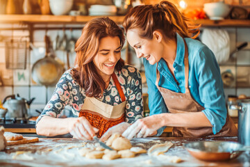 Fototapeta premium Joyful excited mom and adult daughter baking sweet homemade pastry snacks, cookies, biscuits, shaping, rolling dough, talking, discussing family recipe, smiling, laughing