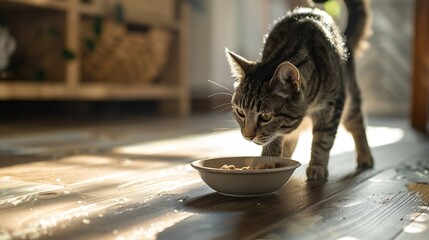 Domestic tabby cat approaches a bowl of food bright sunlight falls on the floor and on the cat High quality photo : Generative AI