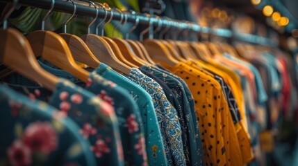 Close-up of assorted colorful clothing hanging on a rack in a fashion retail store with warm lighting