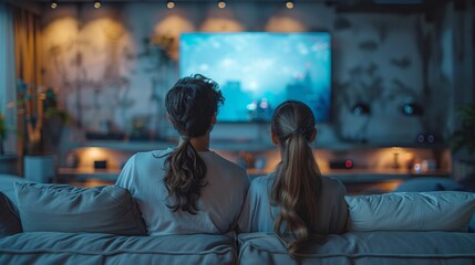 A couple enjoys a movie night in a well-decorated room with ambient lighting and a large TV