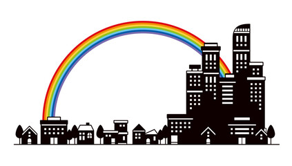 カラフルな虹とかわいい都会の街並みのシルエットのイラスト