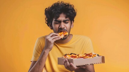 young indian man eating delicious pizza on yellow isolated background curly guy student holding...