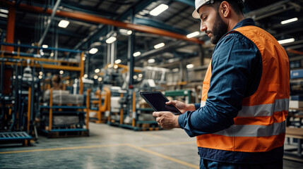 Obraz premium South European worker in an industrial factory using a tablet.
