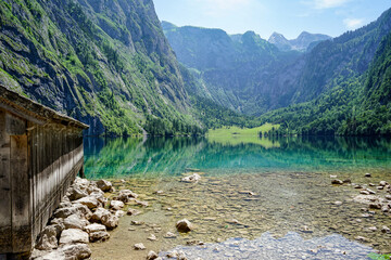 old wooden house at lake "obersee" in the alps