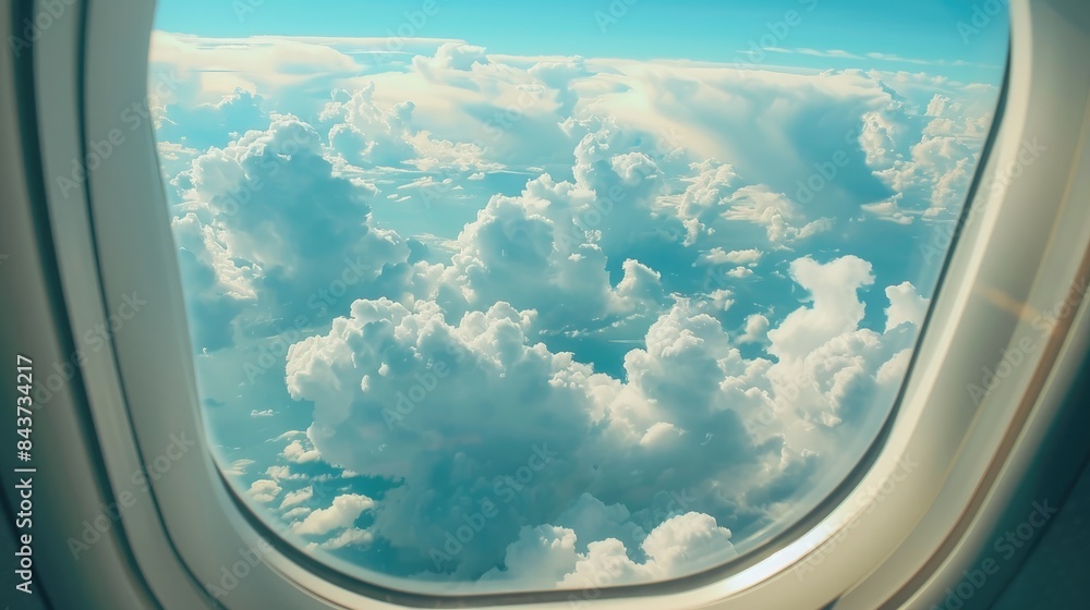 Wall mural View from aircraft window overlooking blue sky and white clouds