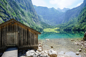 old wooden house at lake "obersee" in the alps