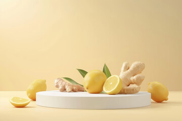 lemons and ginger on a white platform