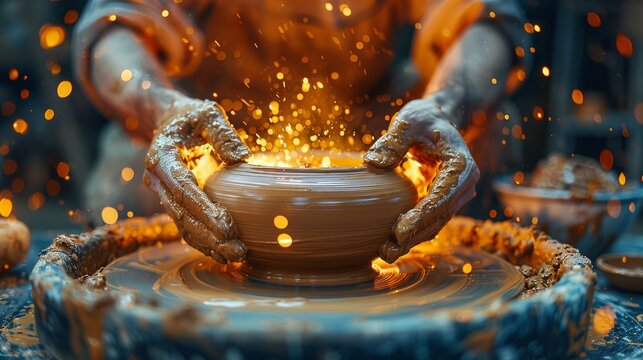 Hands mold a glowing pottery piece on a wheel, surrounded by magical golden sparks