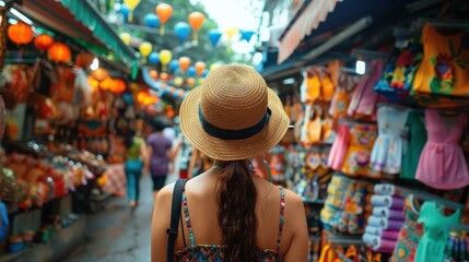 Fototapeta premium A traveler in a straw hat strolls through a vibrant street market, capturing the essence of local culture, exploration, and colorful shopping.