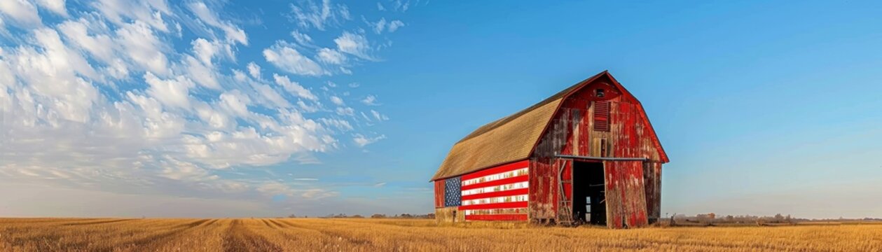Red barn with large American flag painted on side in golden wheat field under blue sky