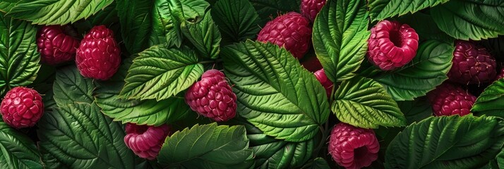 A background of ripe juicy raspberries among green leaves. A sweet healthy snack.